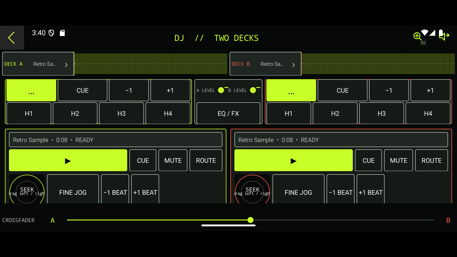 Retro Player DJ workspace in landscape with Deck A on the left and Deck B on the right, waveform strips, cue and hot-cue controls, jog and beat controls, and a crossfader at the bottom.