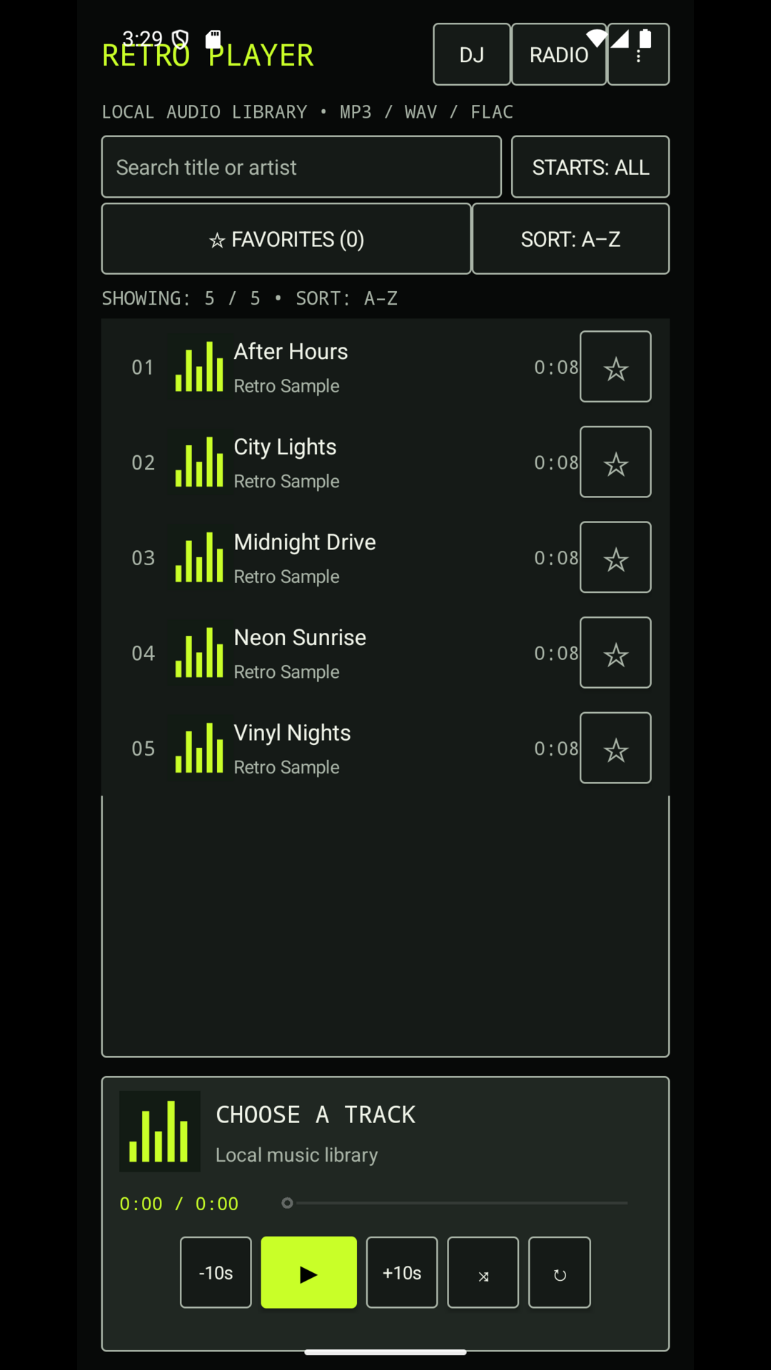 Retro Player library in portrait orientation showing the search field, Starts: All filter, Favorites and Sort buttons, five local tracks, and playback controls.